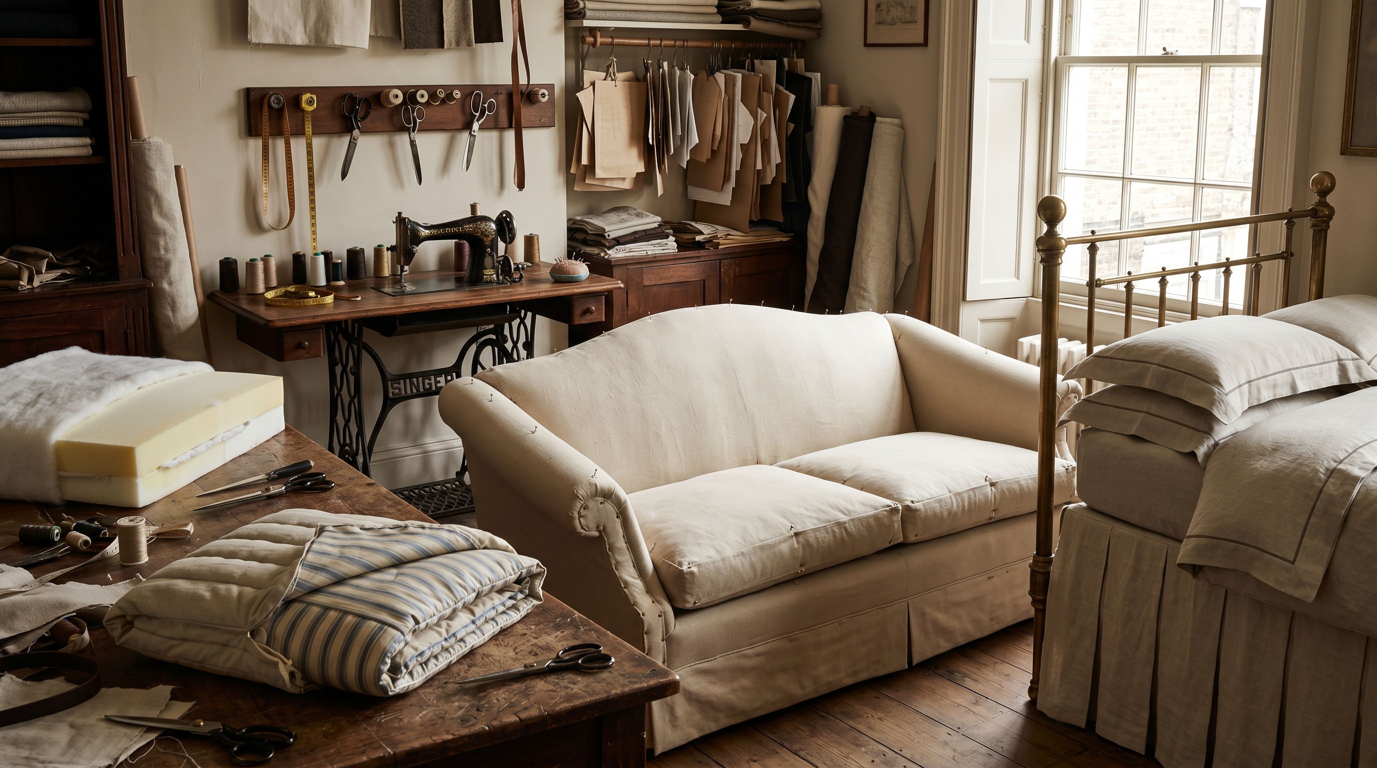 Bergerie soft-furnishings bench — Camelback sofa in a half-finished tailored cotton-duck slipcover pinned mid-fitting, foam cushion core mid-fabrication with Dacron wrap and channel-stitched striped-silk cover folded back, brass-rod bed display with box-pleated oyster-linen bedskirt, custom shams and duvet folded on the bed, treadle-style sewing machine at the back