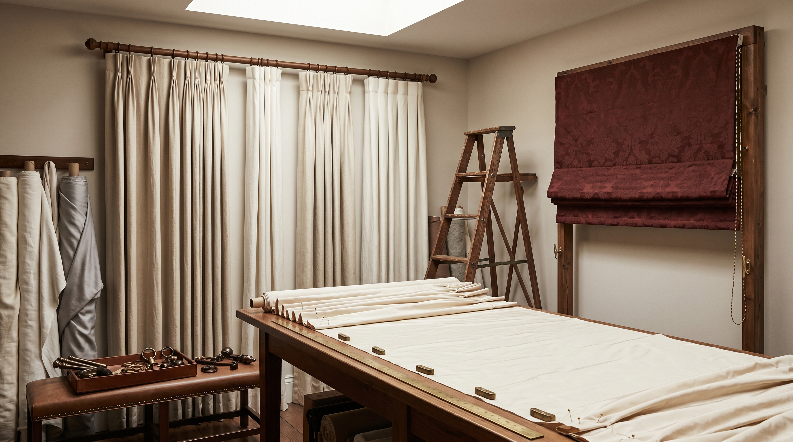 Bergerie soft-goods workroom on Colvin Street — long cutting table covered in cream silk taffeta with brass yardage rule, half-finished triple-pinch-pleat drapery panel pinned with brass pins, oxblood-damask Roman shade in mid hobbled-fold, back wall display of pinch / French / goblet / inverted-box pleat header samples, wooden A-frame installation ladder, oil-rubbed bronze drapery hardware on a leather tray