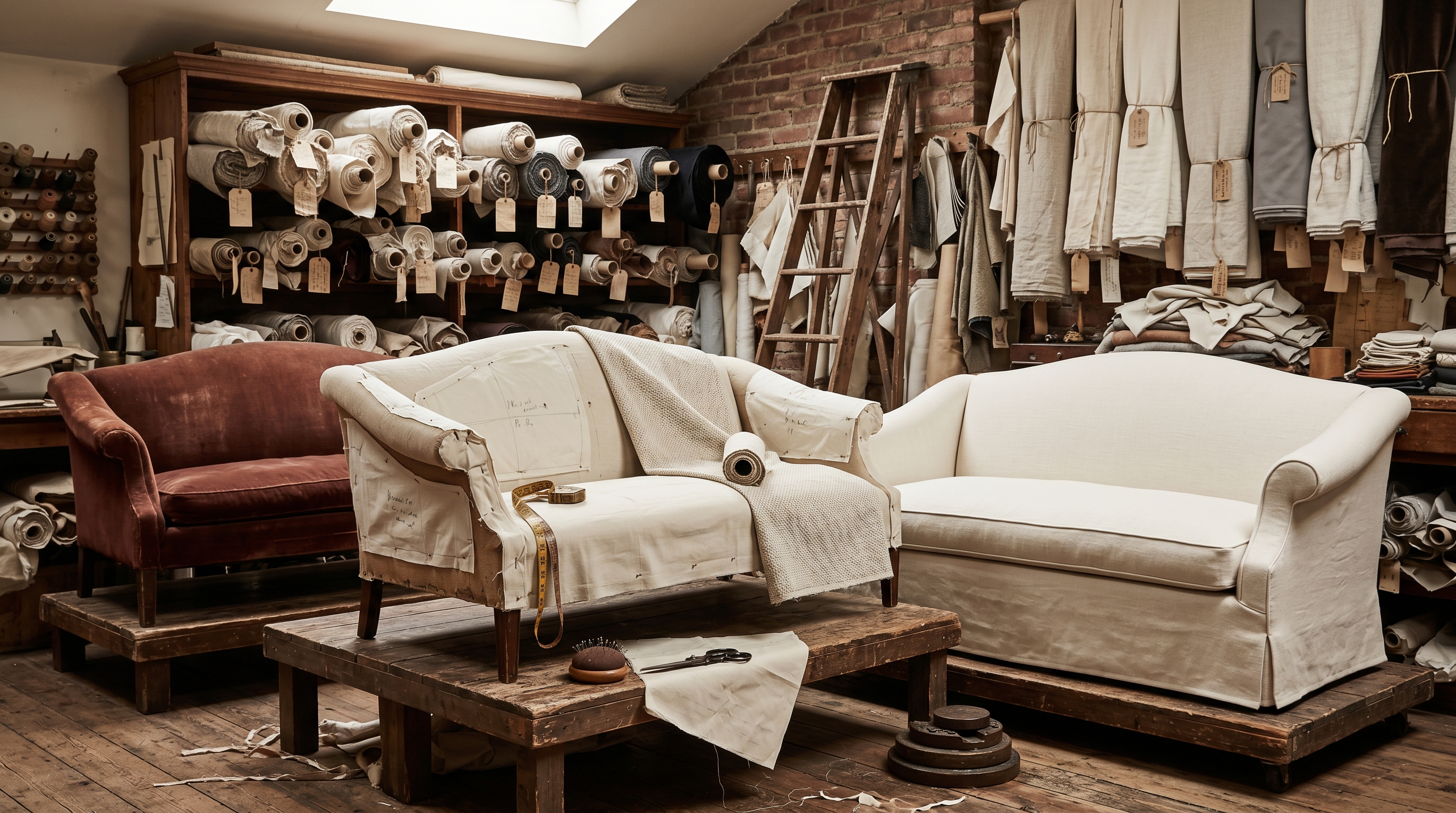 Bergerie slipcover-fitting bench — Camelback sofa shown in three states: original tired oxblood velvet 'before', mid-pattern-cut in muslin with pieces pinned in brass pins on a fitting platform, and finished cream-linen tailored slipcover with crisp boxed seat-cushion and self-welt piping, bolt rack of cotton duck / linen / Sunbrella / silk-velvet behind, brass tape measure and pin cushion