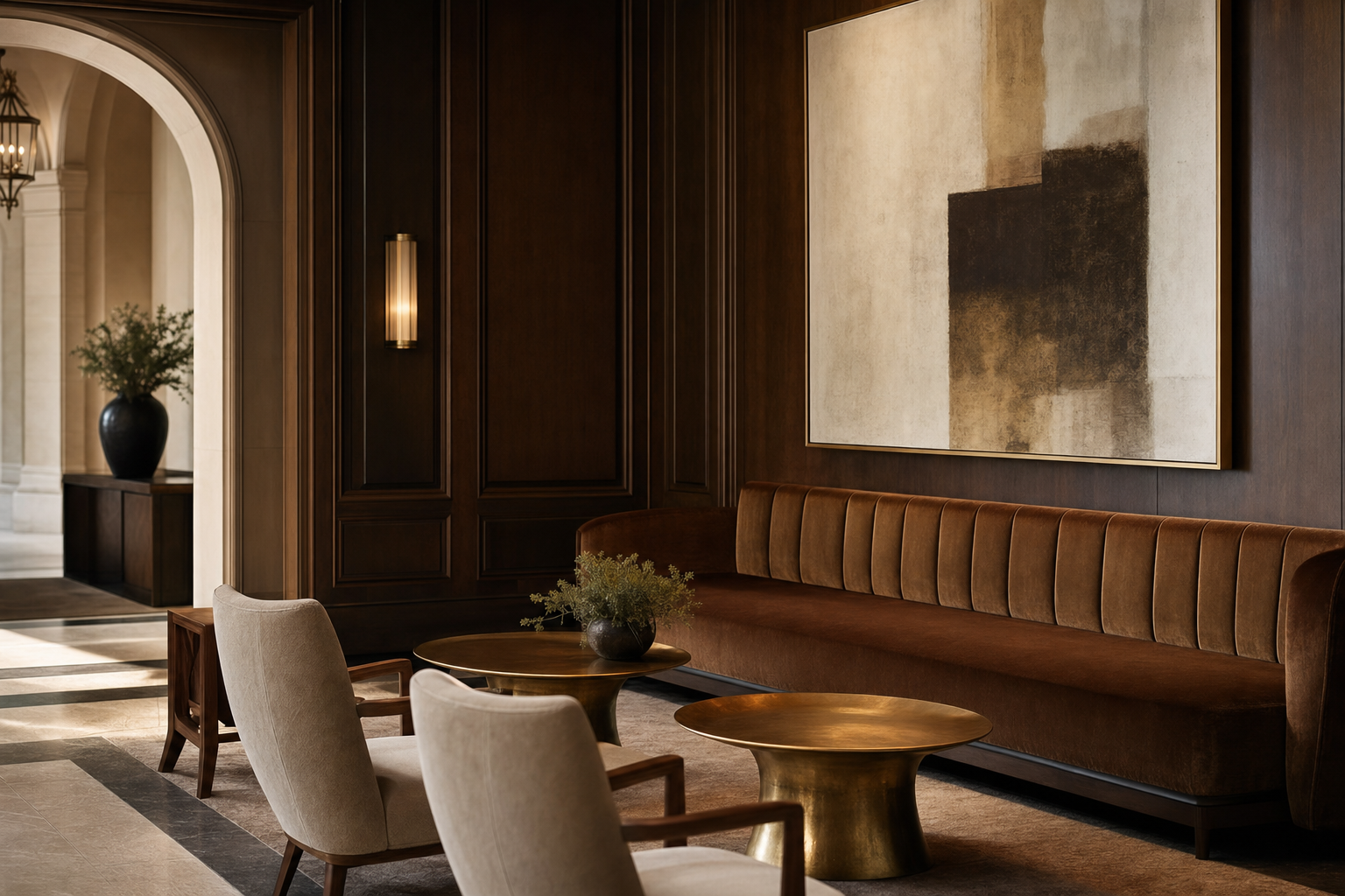 Hotel lobby banquette in deep mohair velvet, brass nailhead trim along a curved sweep, marble side table