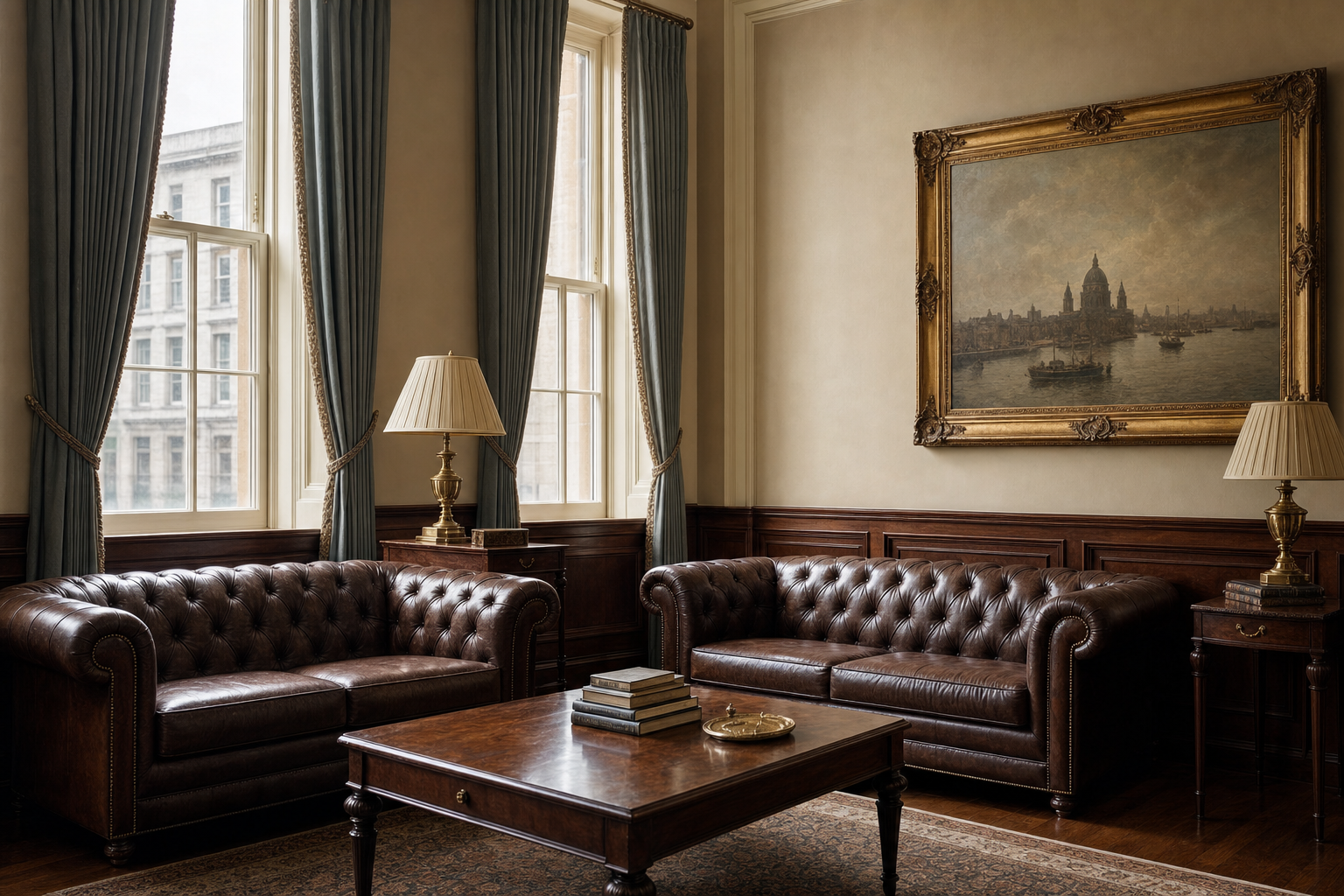 Law-firm reception area with tufted leather sofas, brass nailhead detail, marble floor, reception desk in walnut