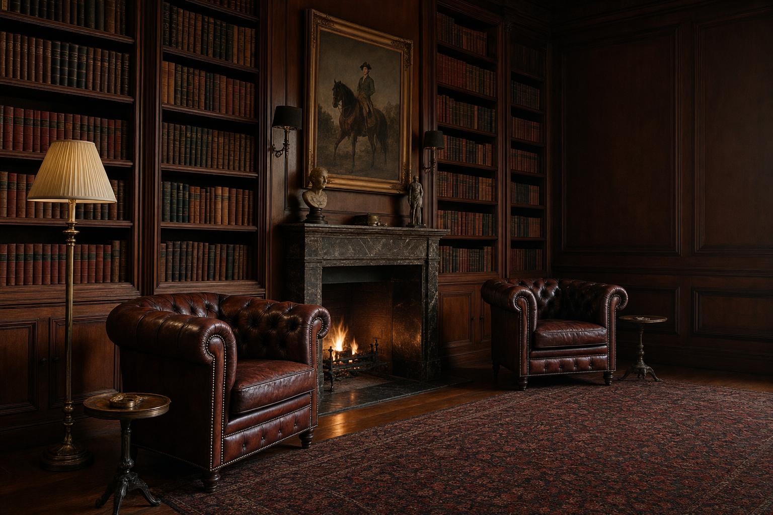 Leather wing chairs and a chesterfield sofa in a private-club library, brass-tacked seam detail in the foreground