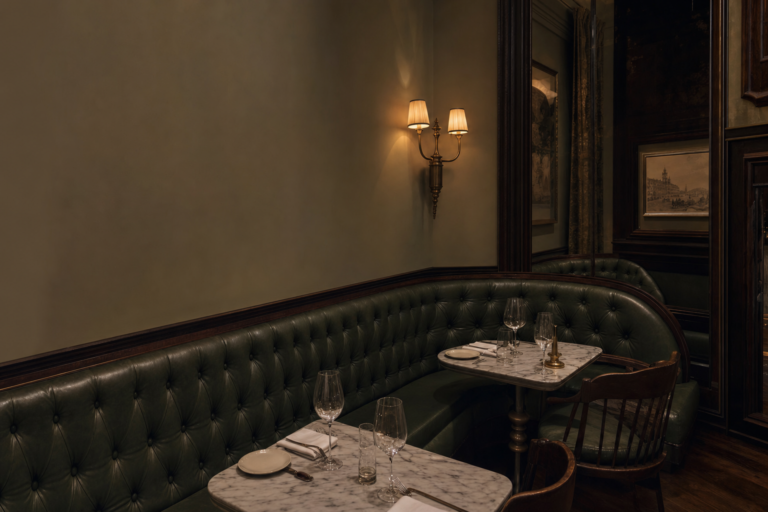 Restaurant corner banquette upholstered in textured boucle with channel-stitched back, warm sconce lighting