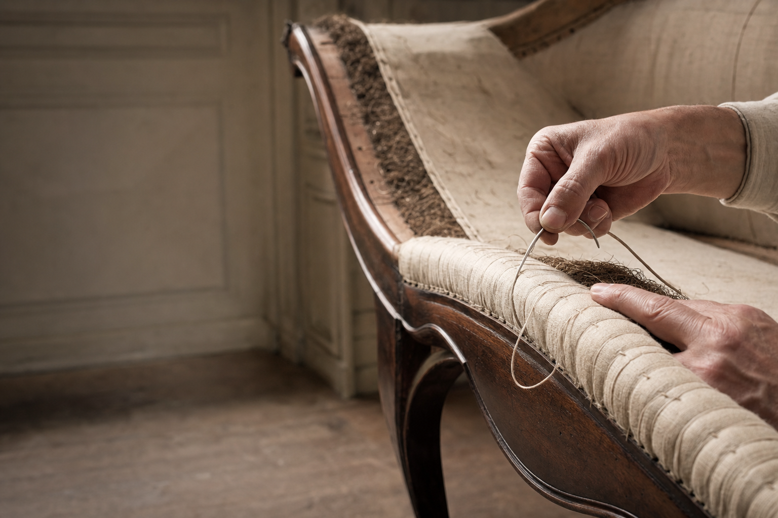 Master upholsterer's hands building a stitched edge roll on a camelback sofa frame, copper tacks and jute webbing visible, workshop interior in warm afternoon light