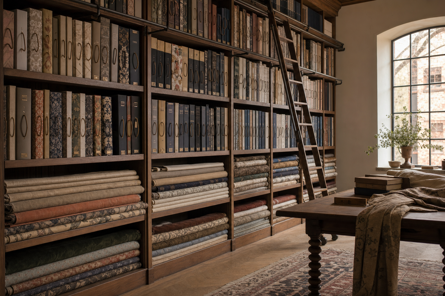Trade fabric library at the Colvin Street workshop — to-the-trade sample books from Schumacher, Brunschwig & Fils, Pierre Frey, Kravet, Lee Jofa, Donghia
