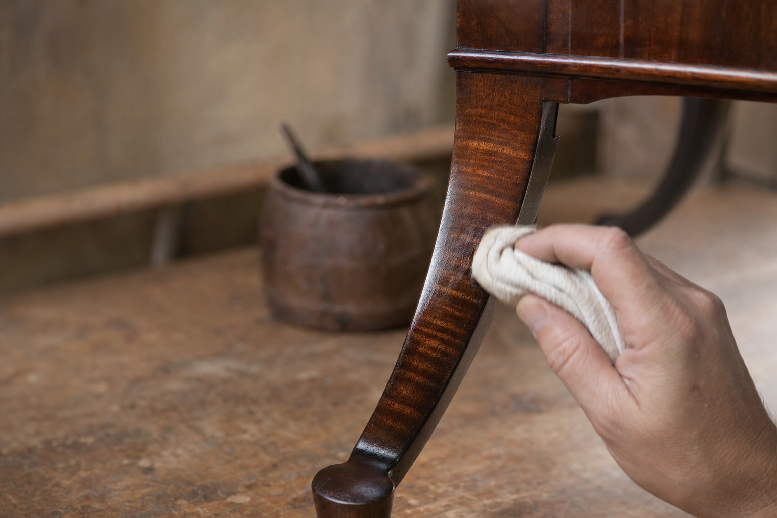 Hands applying French polish to a Federal-period mahogany table surface with a folded cotton rubber pad, raw shellac and alcohol mixed in a small dish, mahogany grain visible under the wet finish in warm workshop light
