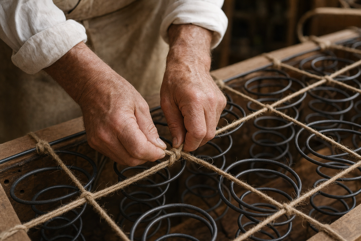 Two hands hand-tying eight-way jute springs on a sofa frame in a workshop interior, period sash window with natural daylight, the same eight-way hand-tied technique Bergerie has used since 1949
