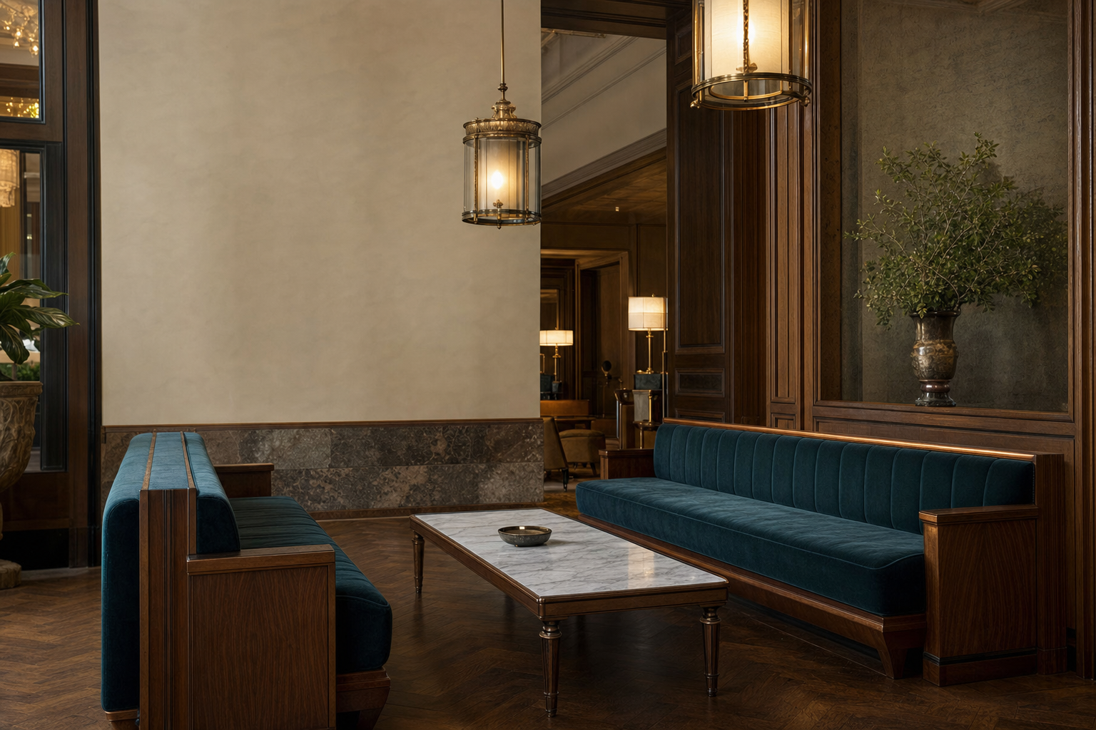 Refined hotel lobby with long upholstered banquettes flanking a marble coffee table
