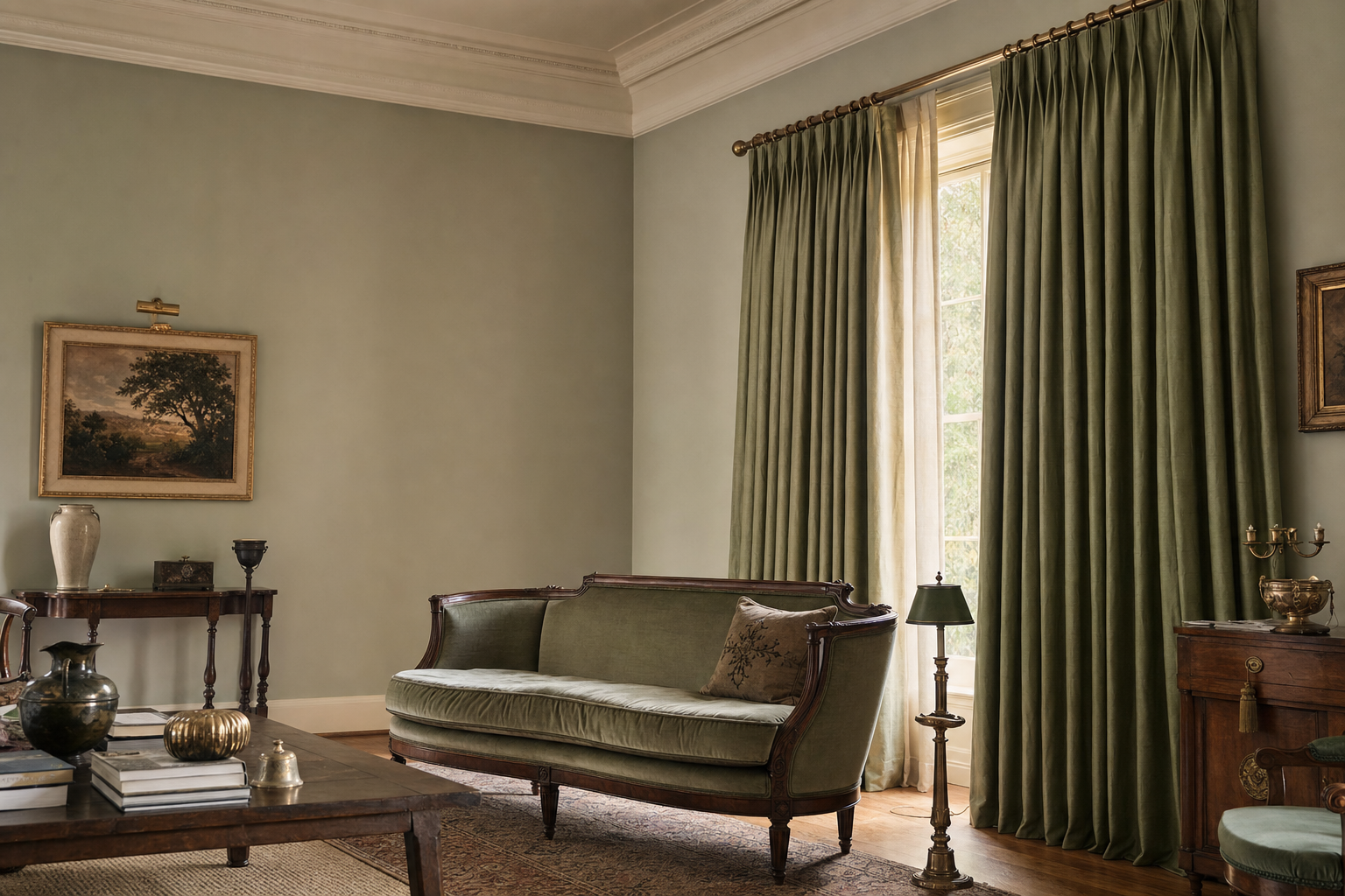 Custom drapery and soft goods installed in a formal living room with floor-to-ceiling pinch-pleat panels