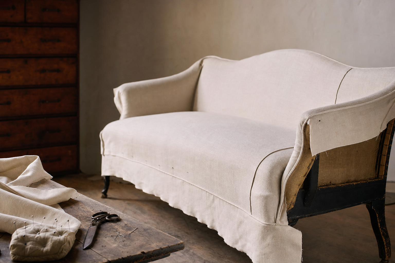 Cream linen slipcover being tailored over a vintage Camelback sofa on a workshop bench