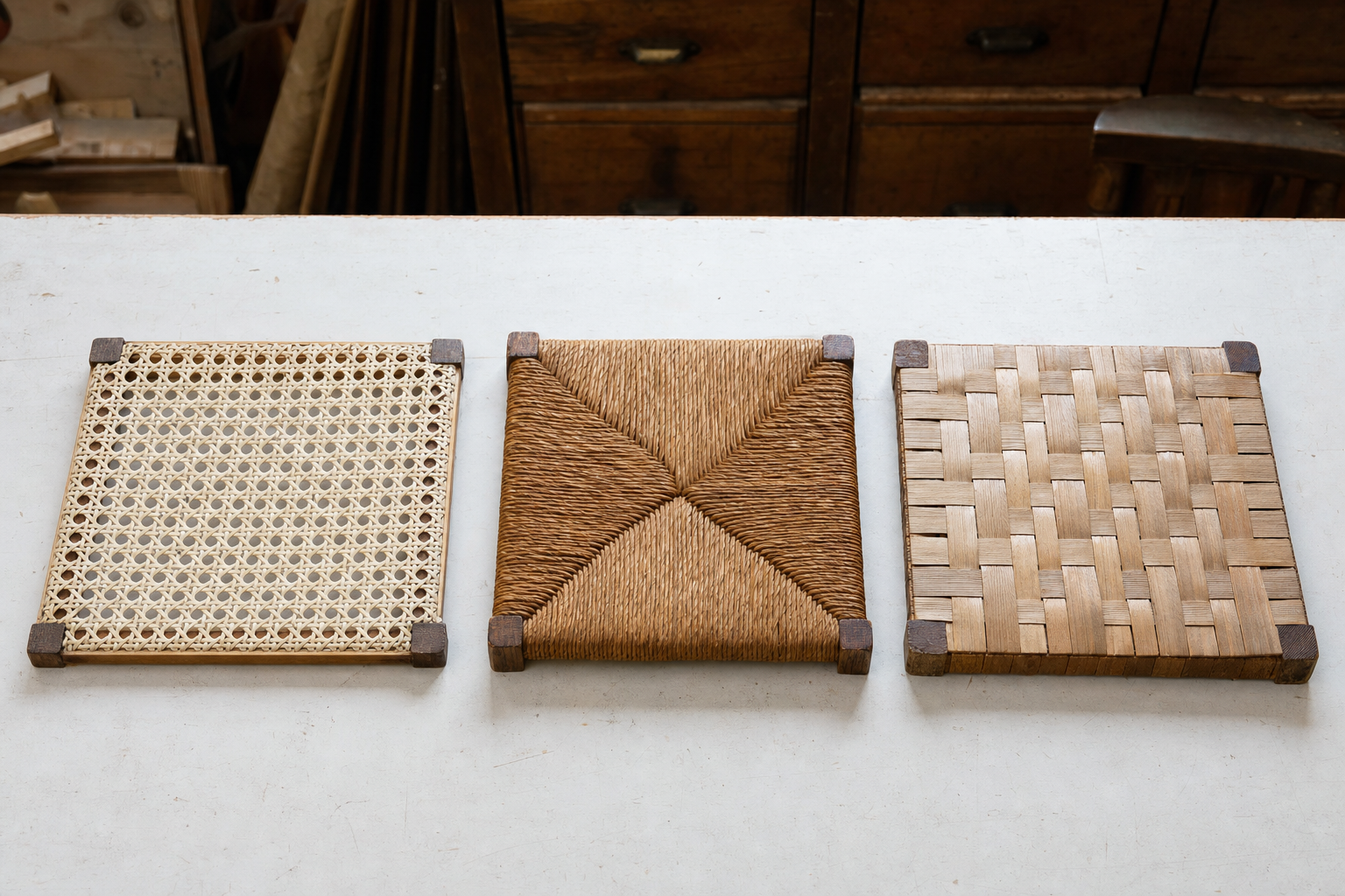Three woven seat samples side by side — hand-caned, twisted rush, and basket-woven splint — on a workshop bench