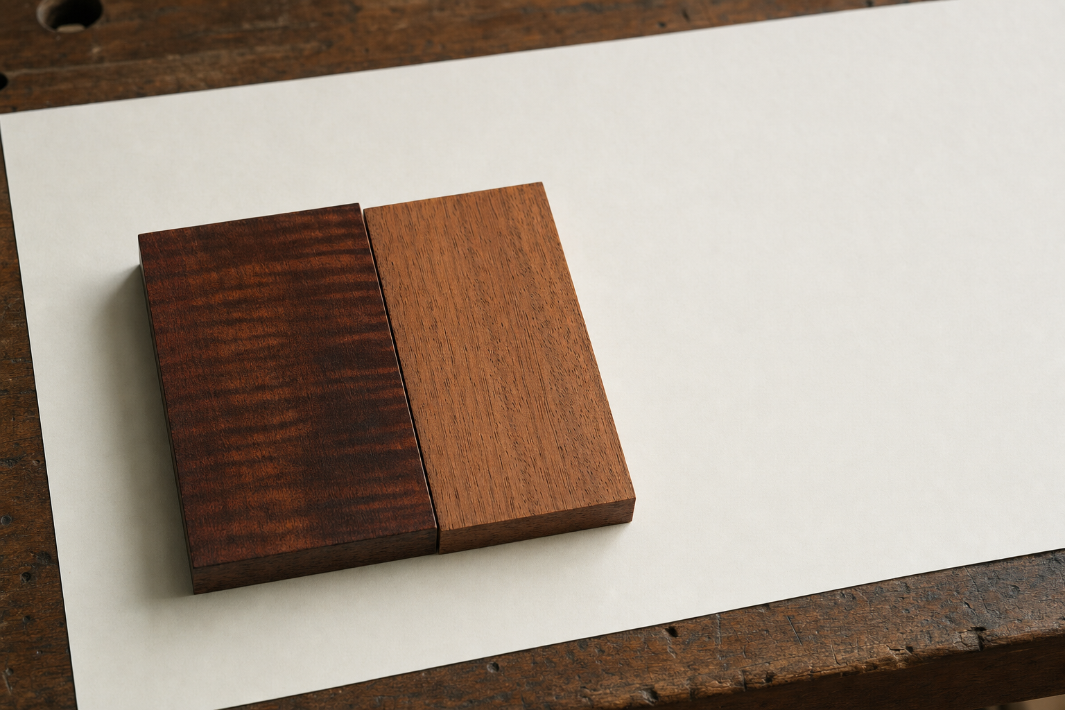 Two adjacent mahogany wood samples showing dense ribbon-figured Cuban next to coarser-grained Honduran for comparison