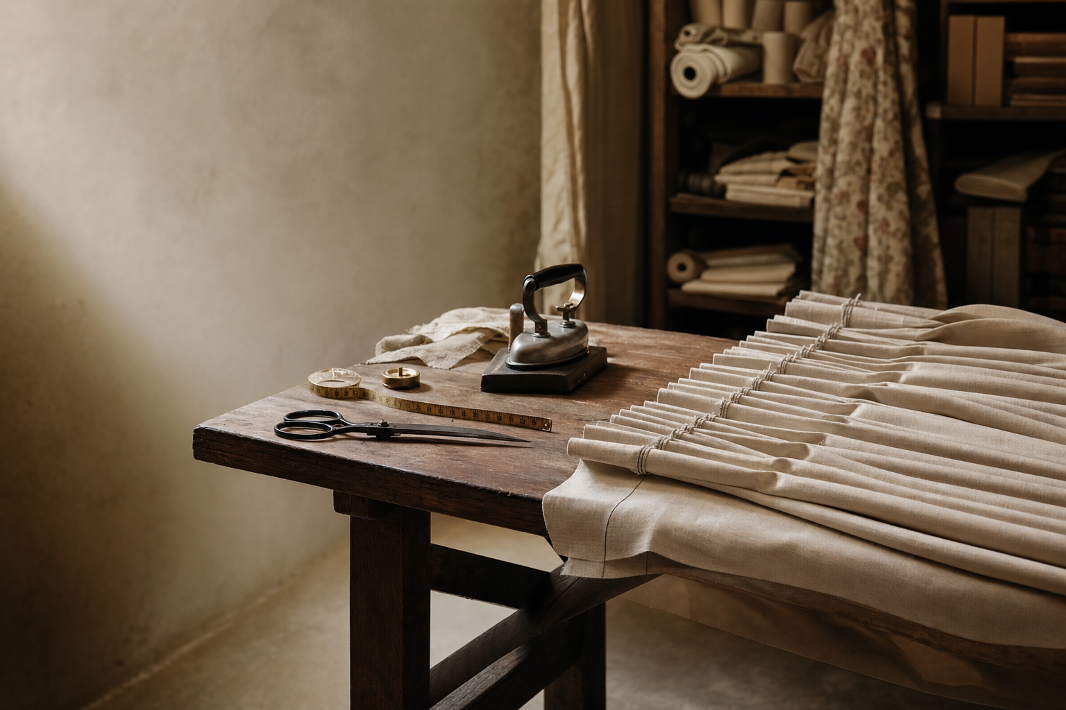 Workshop drapery fabrication bench with pinch-pleat panels in cream silk being constructed