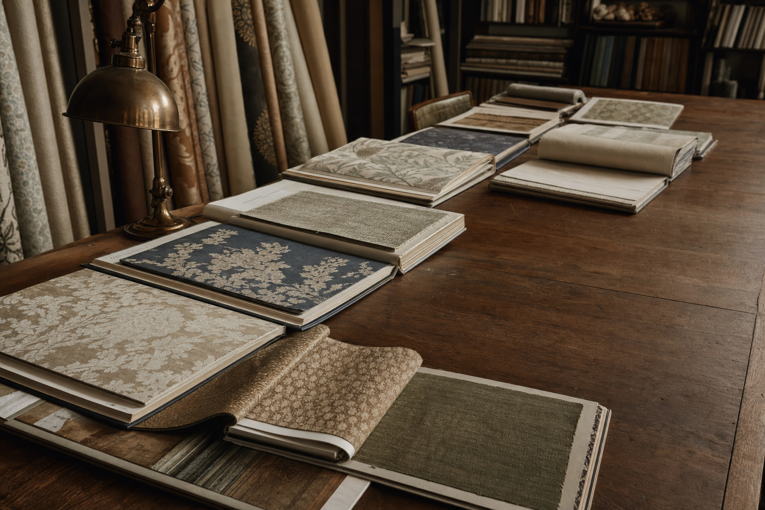 Open trade fabric sample books from six named fabric houses spread on a long oak workshop table