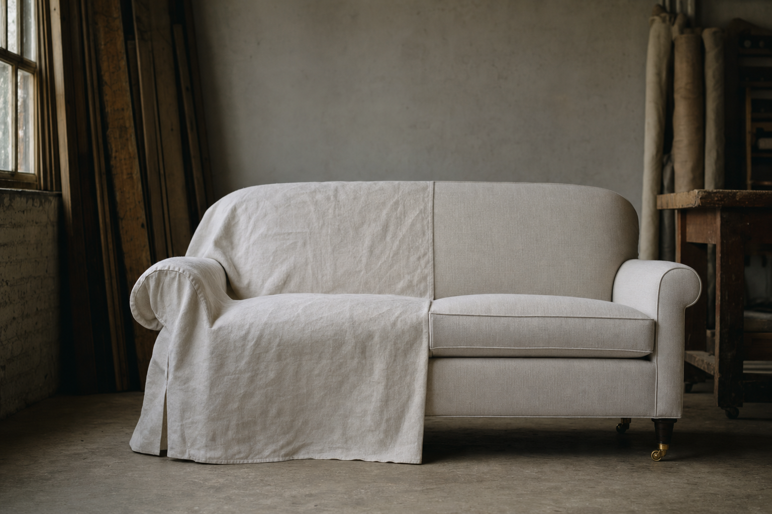 Sofa half-dressed in a cream linen slipcover and half upholstered with integrated welt cord in the same fabric