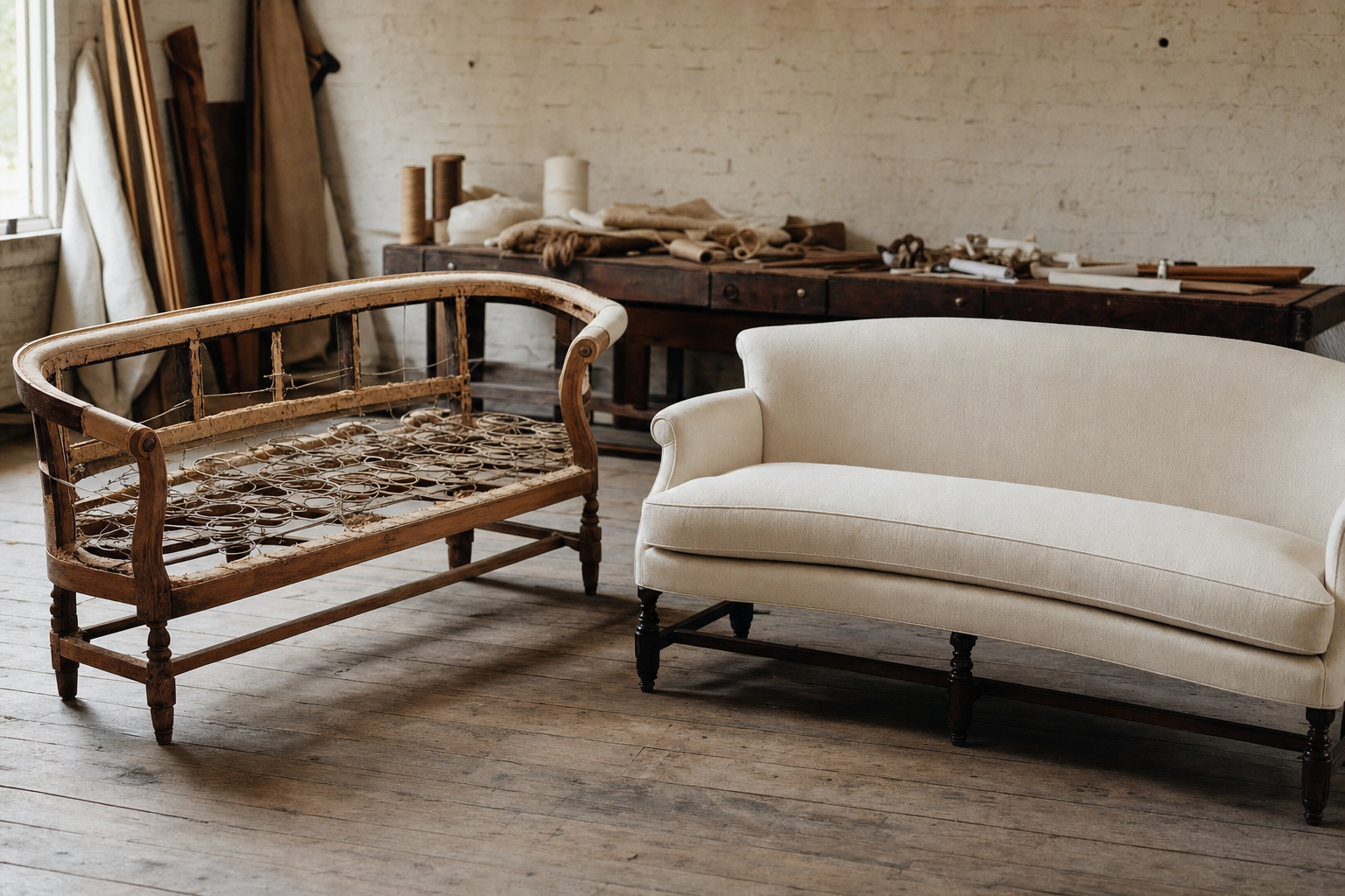 Two sofa frames in a workshop — one stripped to bare frame showing eight-way hand-tied springs, the other freshly finished