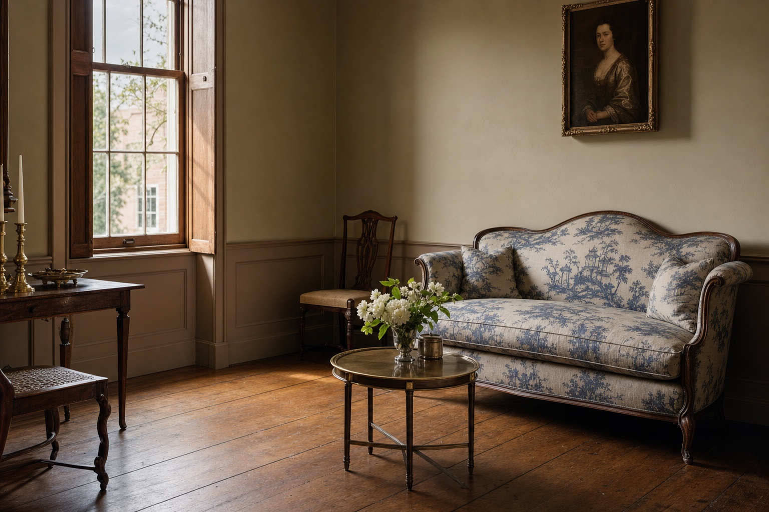 Old Town Alexandria parlor with a camelback sofa in cream linen, brass-tacked wing chair, Federal-period side table