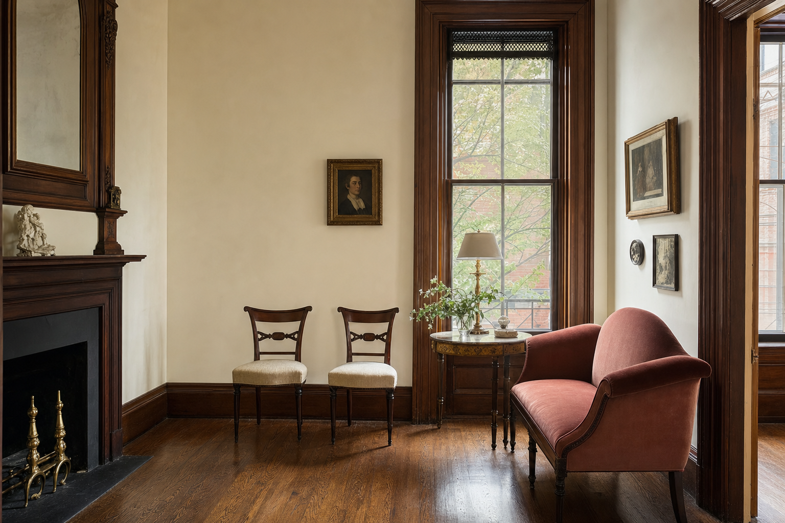 Capitol Hill rowhouse parlor with a Federal-period sofa in striped silk, marble mantel, bookcase wall, and tall sash windows