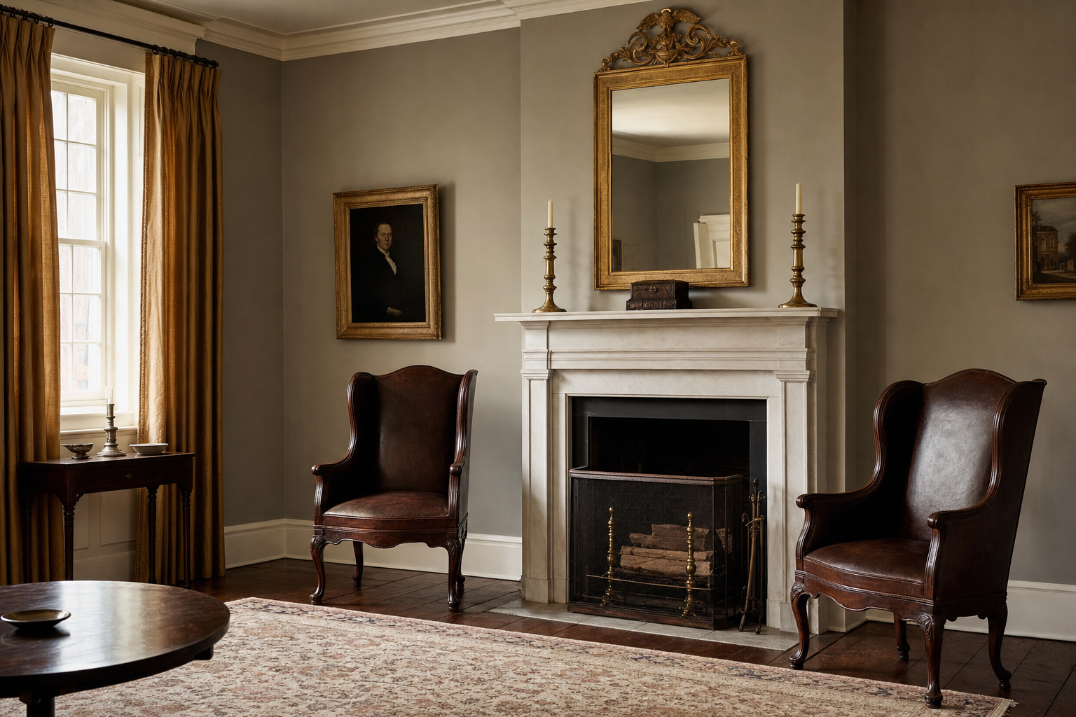 Federal-style Georgetown rowhouse parlor — tufted sofa under a sash window, antique mahogany side table, oil painting above the mantel