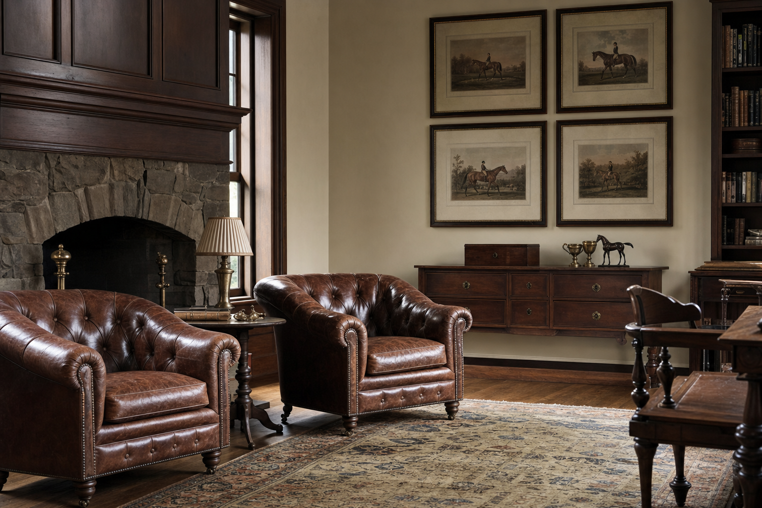 Great Falls equestrian library with a chesterfield sofa, leather wing chairs, hunt-country oil paintings on paneled walls