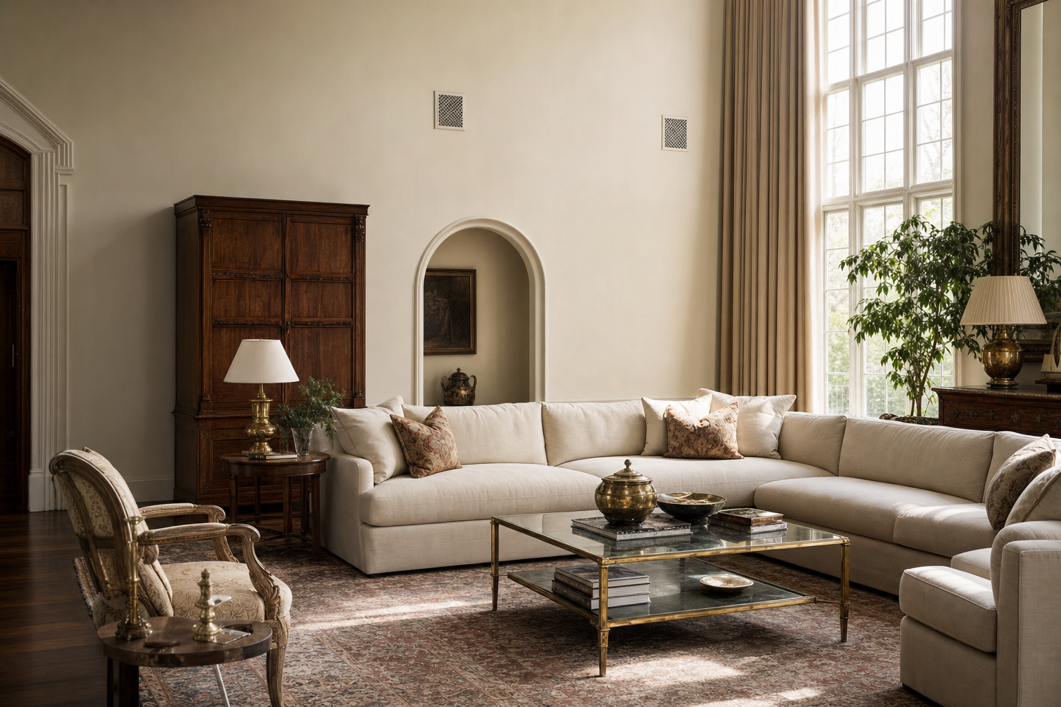 McLean estate living room with a deep-seat custom sectional in wool, English roll-arm wing chairs, fireplace and parquet floor