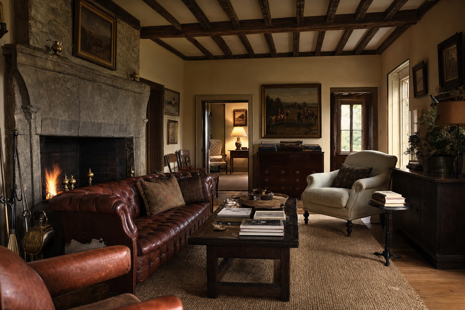Middleburg hunt-country sitting room with a worn leather sofa, tartan wing chair, fox-hunt prints on the wall, brass lamp on a side table