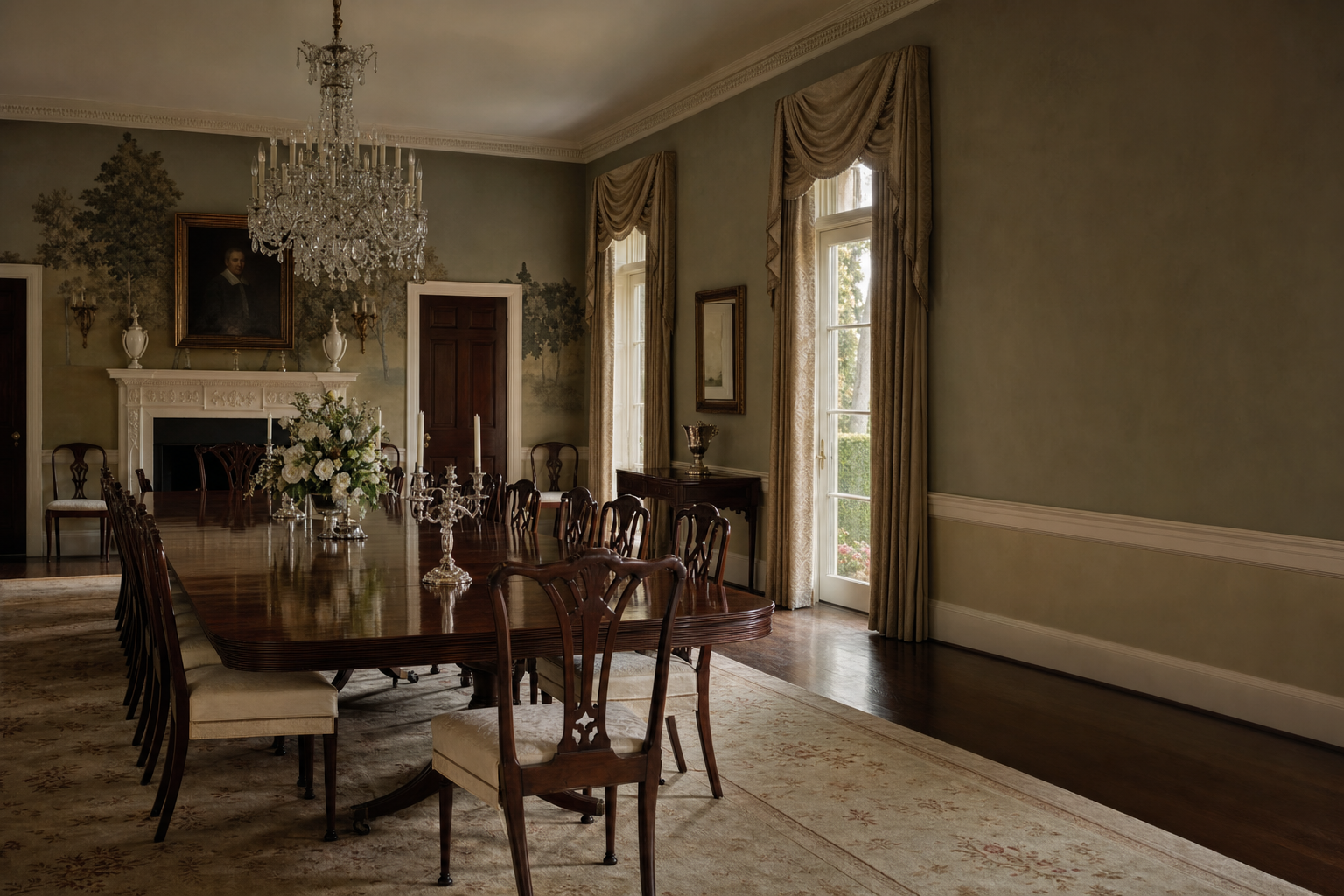 Potomac formal reception room with a tufted bergère chair, silk-upholstered settee, and antique giltwood mirror