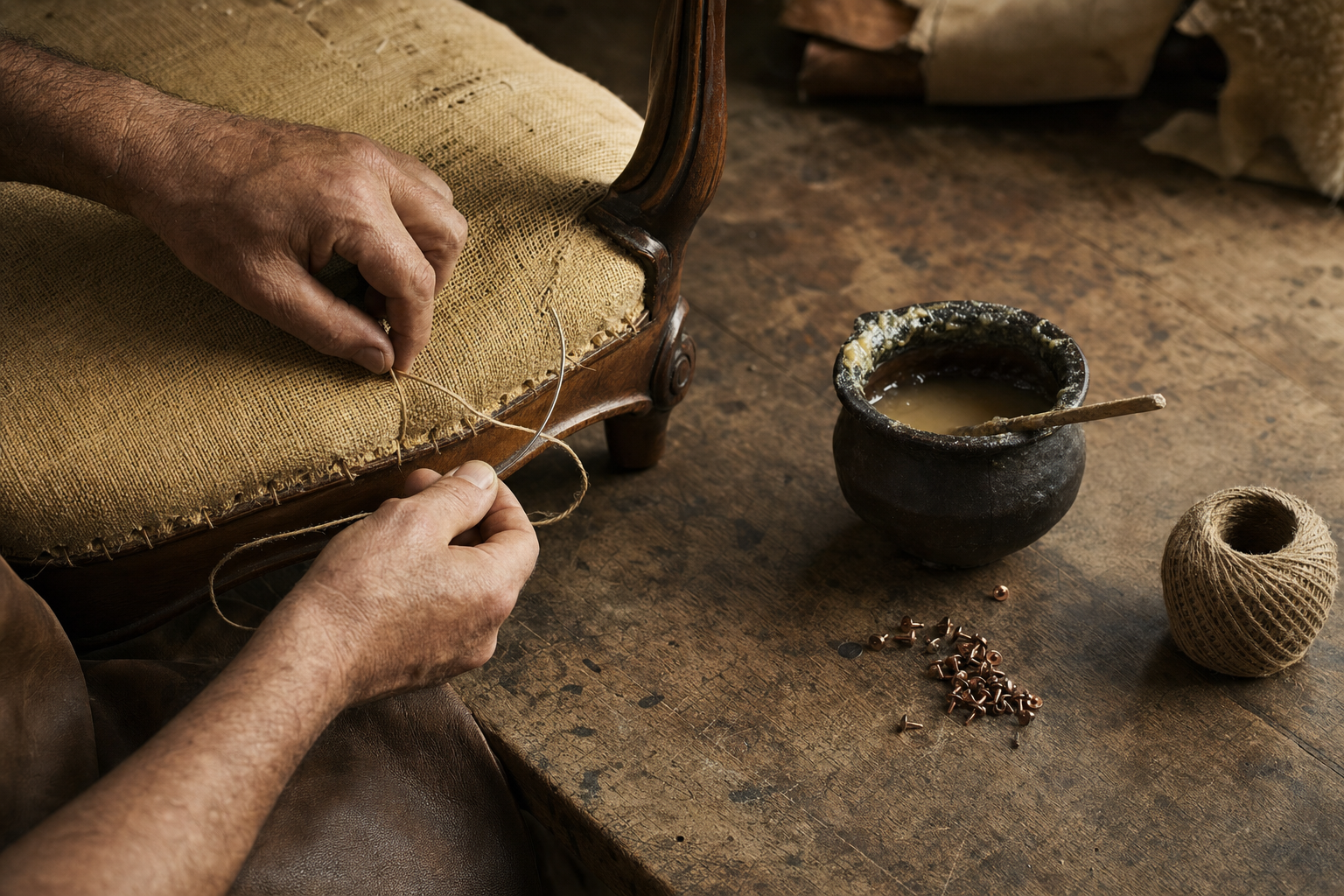 Master upholsterer at a hand-tied spring bench in a Federal-period workshop interior, brass desk lamp lighting the work, oxblood-and-cream upholstery pieces in mid-restoration on benches around him, walnut tools and brass-handled awls organized on a wall pegboard above the bench