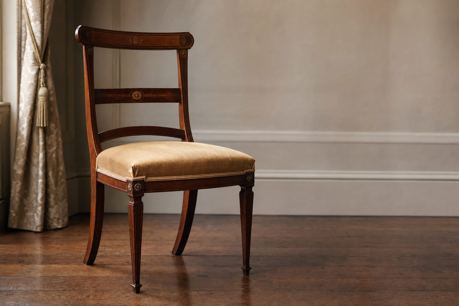 Restored Federal-period side chair with French-polished mahogany frame and horsehair-stuffed seat