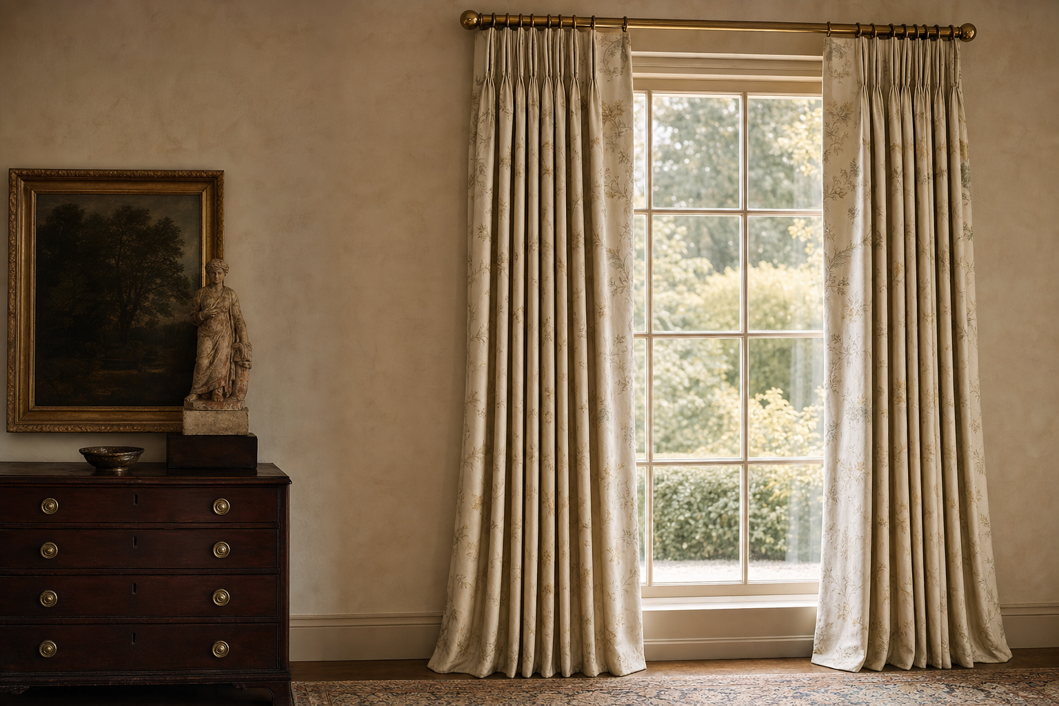 Pair of full-length pinch-pleat drapery panels in cream silk framing a tall paned window