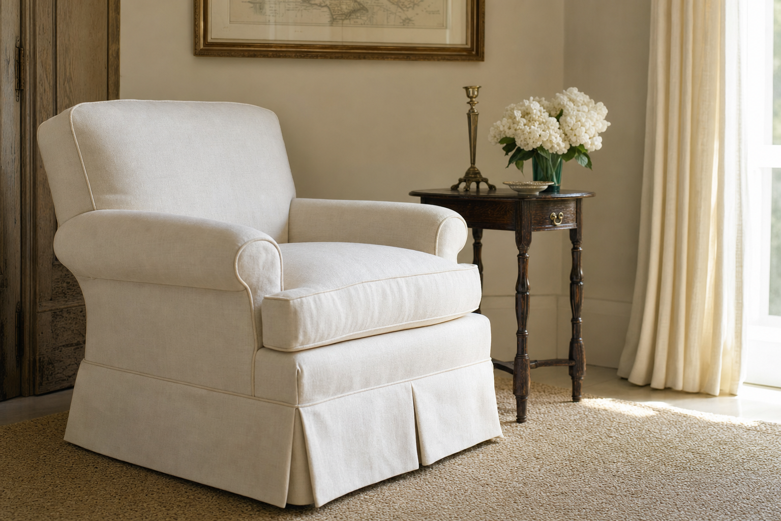 Cream linen slipcover fitted over a club chair with cream welt cord and soft pleated skirt