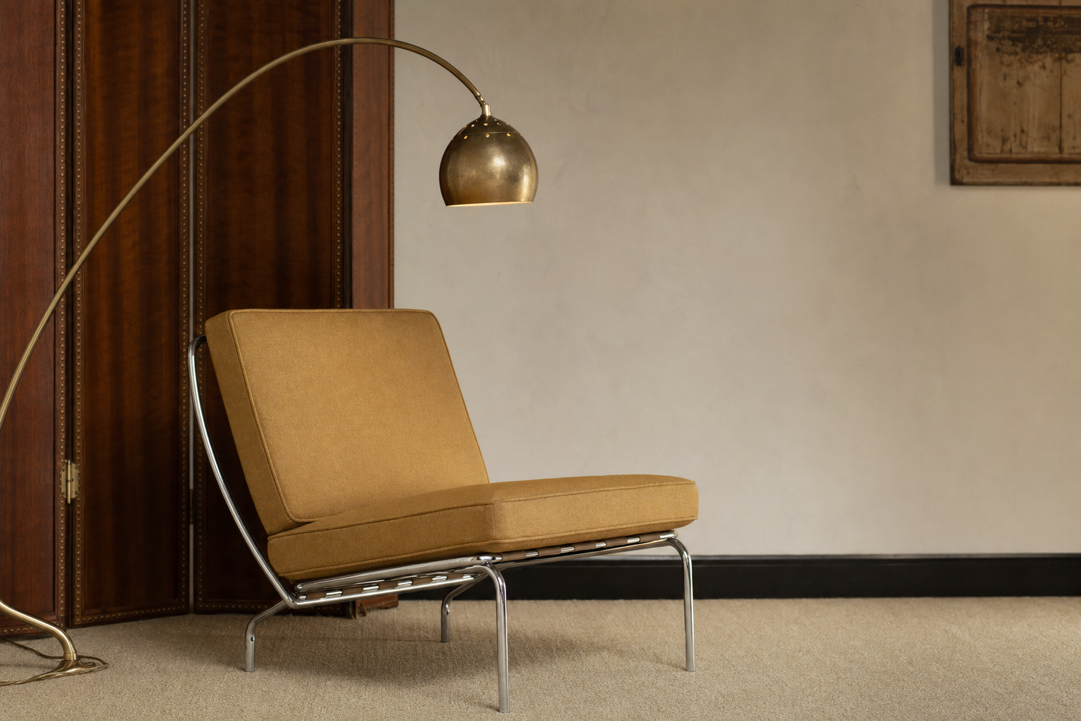 Mid-century modern Knoll-style lounge chair reupholstered in muted ochre wool on a chrome frame