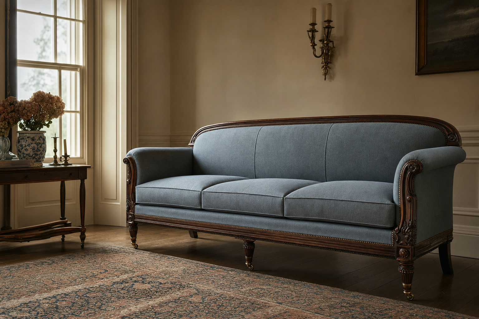 Antique three-cushion sofa freshly reupholstered in muted blue-grey linen with brass nail-head trim