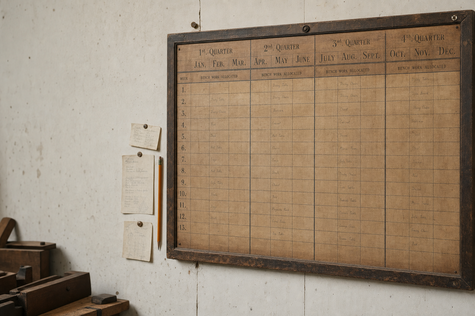 Workshop wall calendar — large hand-painted quarterly schedule board showing bench-work weeks allocated