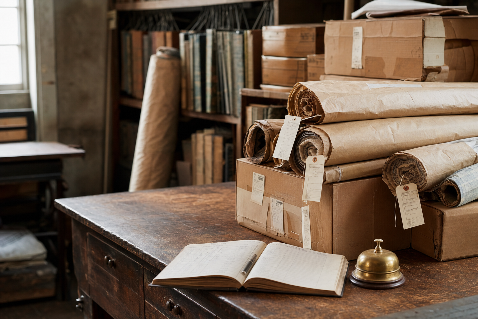 Workshop receiving station — fabric bolts in kraft paper with shipping tags on a heavy wood workbench beside a logbook