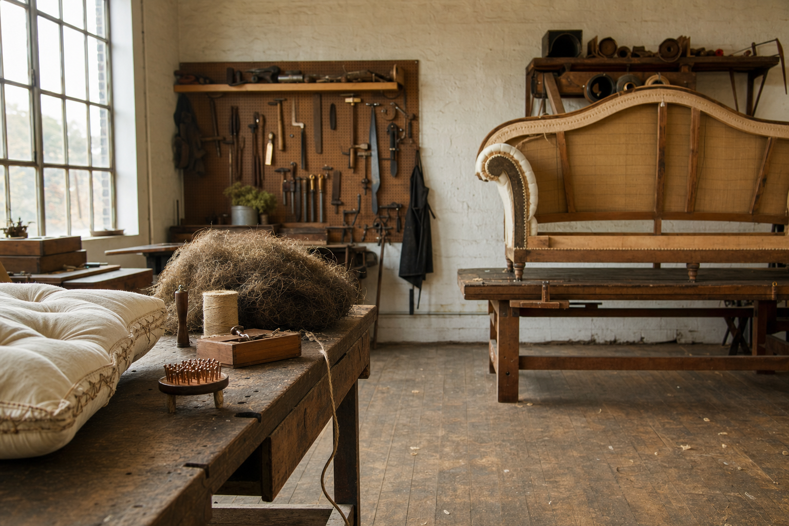 The Bergerie workshop on Colvin Street — workbench with horsehair, jute, and copper tacks, antique sofa frame mid-restoration